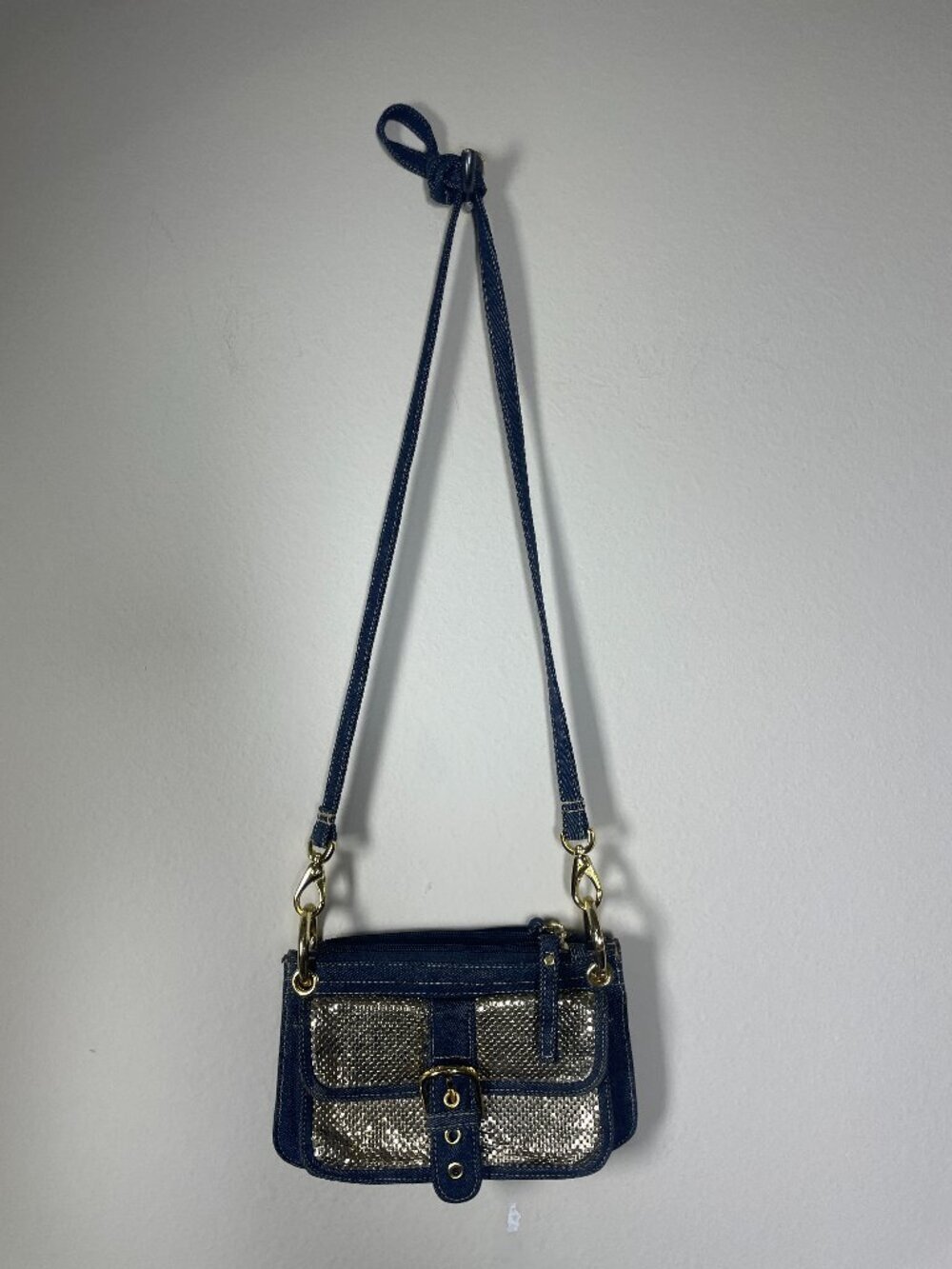 Whiting & Davis Denim/Gold Metal Mesh Crossbody Purse Card Wallet 8" x 5"